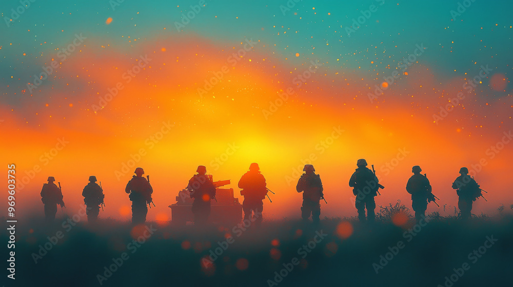 Silhouettes of soldiers against a fiery sunset. Silhouettes of soldiers against a fiery sunset.