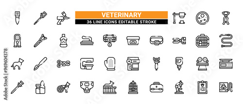 36 Veterinary Line Icons Set Pack Editable Stroke Vector Illustration.
