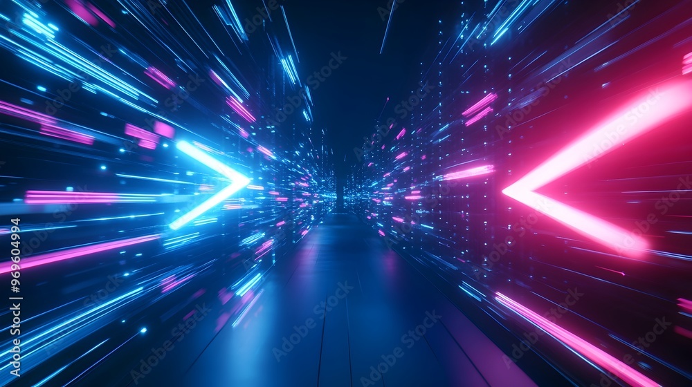 Obraz premium Abstract arrow speed motion light effect with blue and pink glow on dark background featuring sharp graphics iridescent color scheme