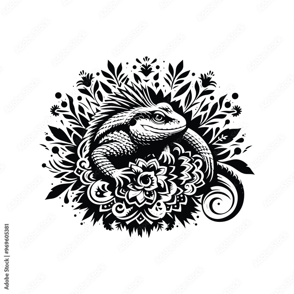 Frilled lizard in folk art black and white silhouette illustration -