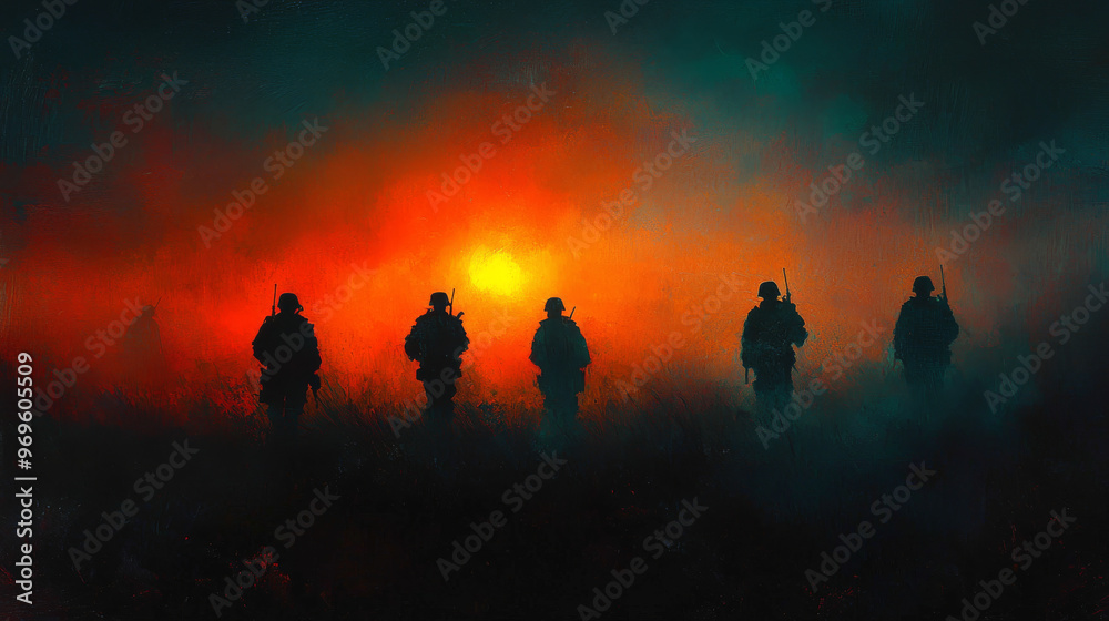 Fototapeta premium Silhouettes of soldiers against a fiery sunset.