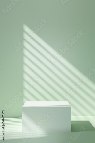 White empty rectangular podium with striped light shadows on soft green background. Product display background with copy space
