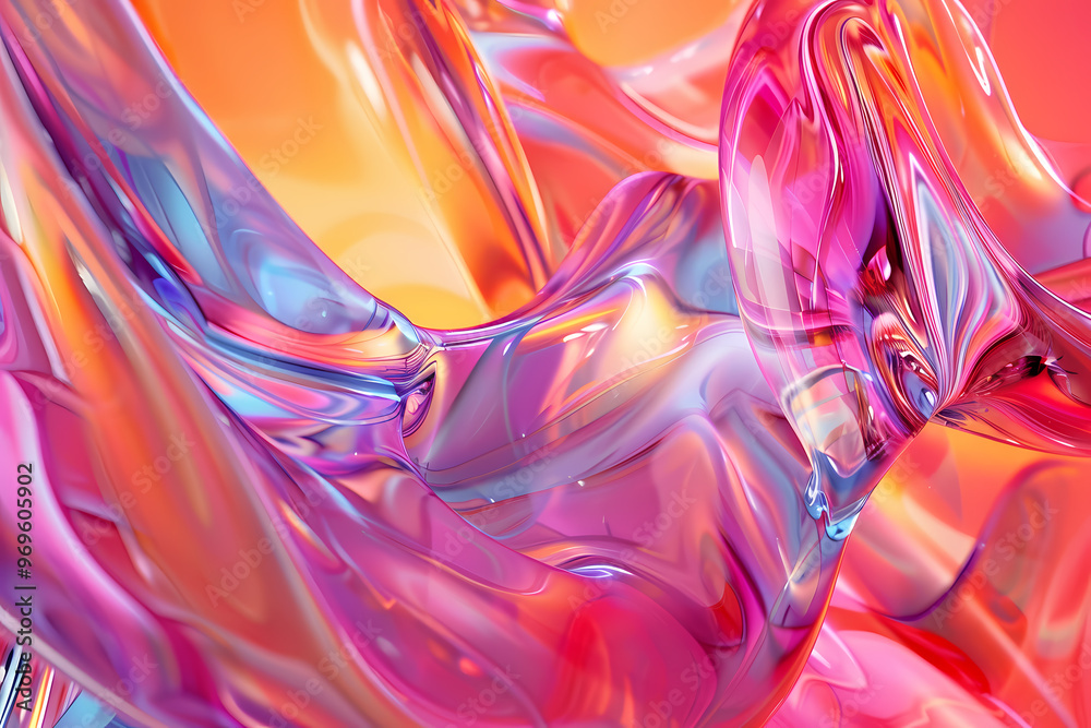 Obraz premium A vibrant abstract composition showcasing smooth, flowing waves of colorful, translucent material in shades of pink, orange, and purple.