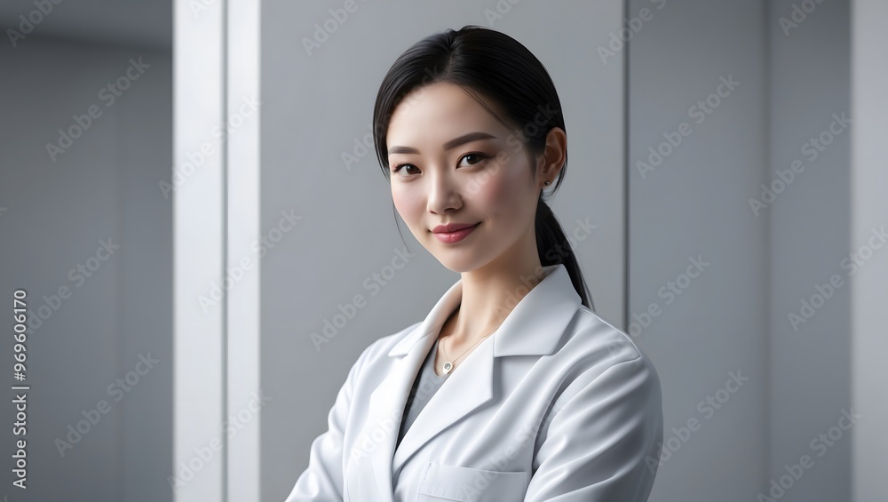 Confident young female doctor in a stylish white coat stands in a contemporary clinic, embodying professionalism and care in a healthcare environment. Confident young female doctor in a stylish white coat stands in a contemporary clinic, embodying professionalism and care in a healthcare environment.