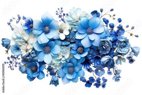 A vibrant arrangement of blue flowers isolated on white background