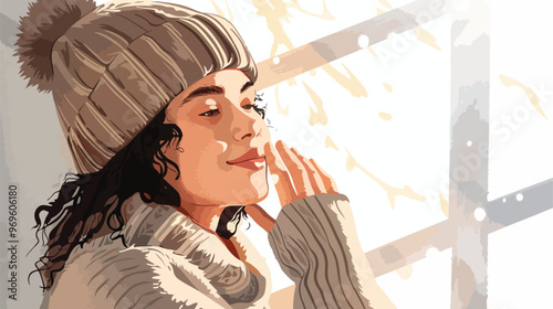 Young Woman Indoors Drinking Coffee Vector Illustration