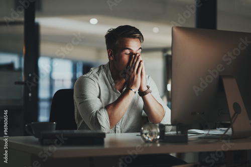 Night, man and headache at desk for mistake, budget issue and anxiety for economy crash. Male administrator, stress and financial crisis in office with technology, depression and tension with burnout