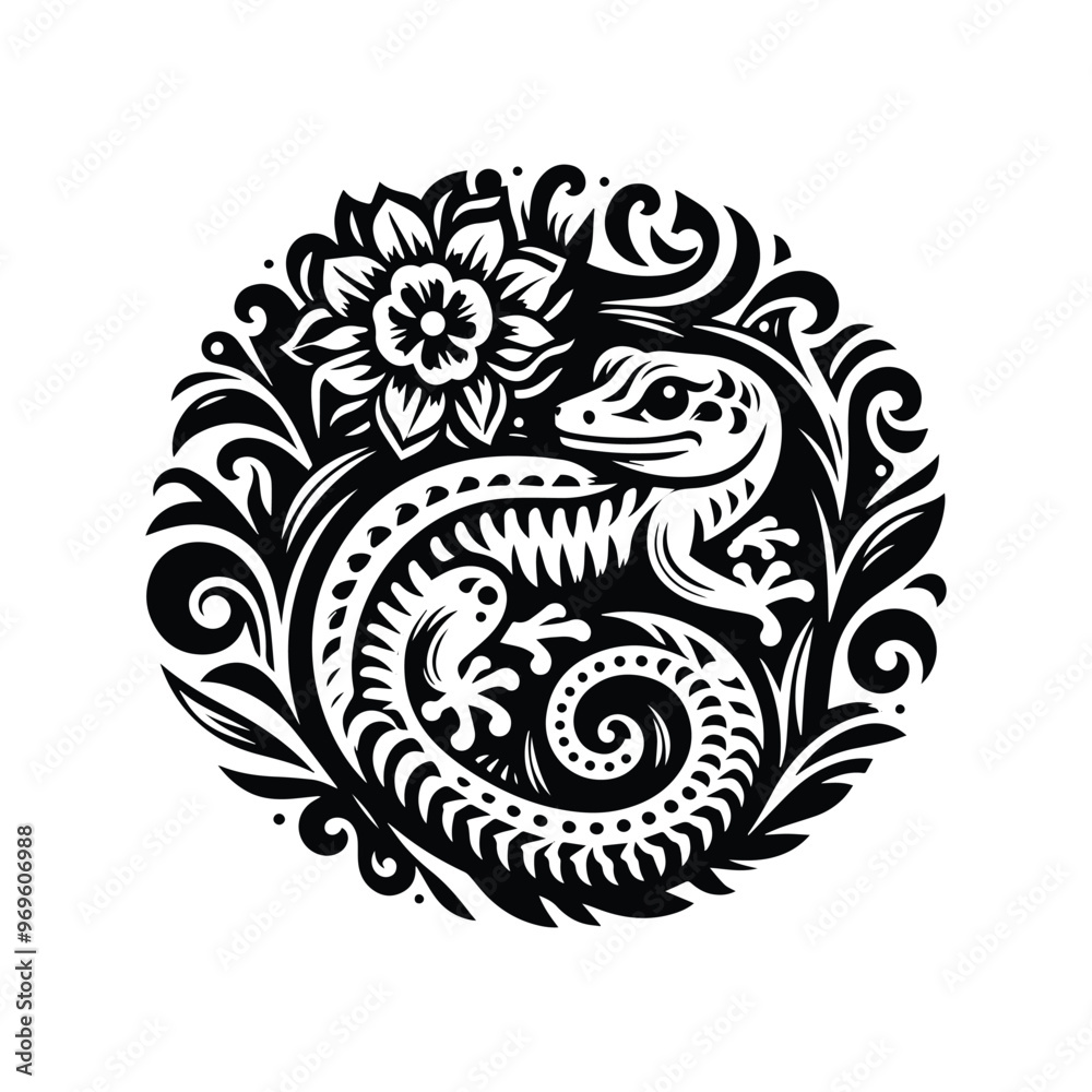 Gecko in folk art black and white silhouette illustration -