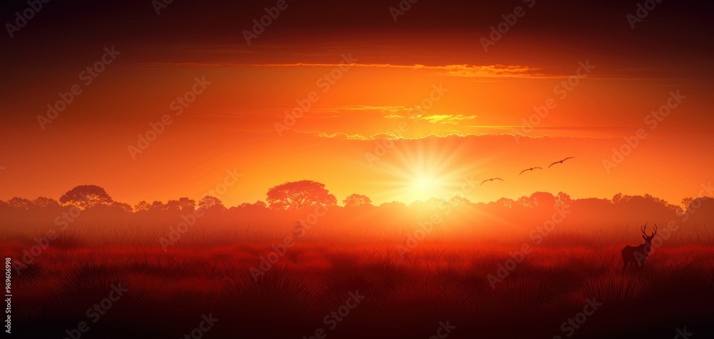 Obraz premium A stunning sunset over a vast landscape, casting a warm glow on nature, with silhouettes of trees and wildlife in the foreground.