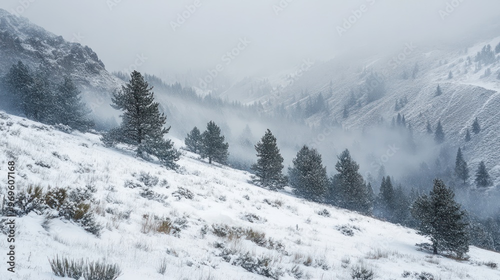 Obraz premium Snowy Mountain Landscape with Fog and Trees