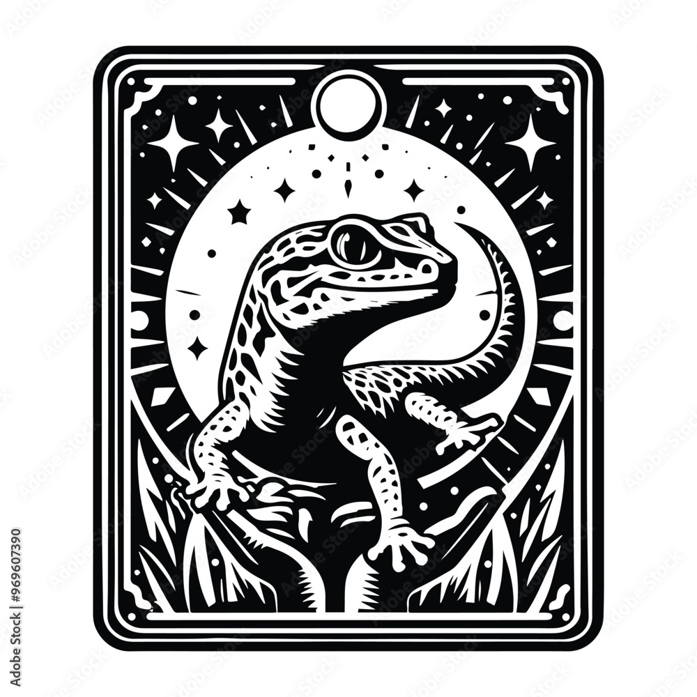 Gecko in Tarot card black and white silhouette illustration - Gecko in Tarot card black and white silhouette illustration -