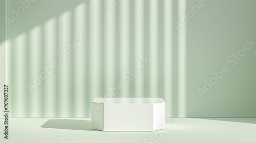 White empty rectangular podium with striped light shadows on soft green background. Product display background with copy space