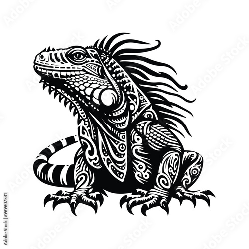 Iguana in bohemian black and white silhouette illustration -