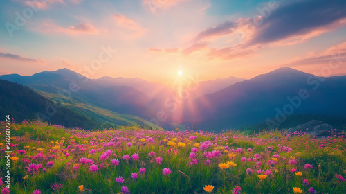 Wildflower-covered hills under a vibrant