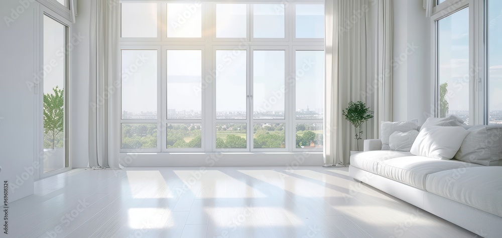Fototapeta premium Bright and airy living room with large windows, white walls, and minimalist decor, perfect for serene relaxation and modern living.