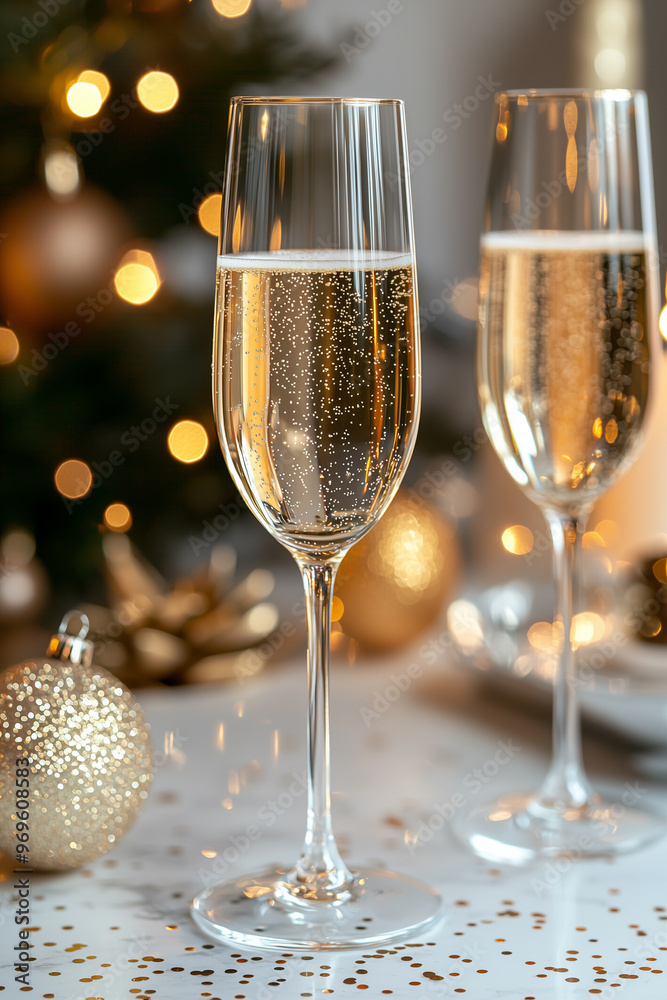 Two glasses of sparkling wine with visible bubbles, placed on a surface with scattered golden confetti, and a blurred golden Christmas ornament and warm bokeh lights in the background, creating a fest Two glasses of sparkling wine with visible bubbles, placed on a surface with scattered golden confetti, and a blurred golden Christmas ornament and warm bokeh lights in the background, creating a fest