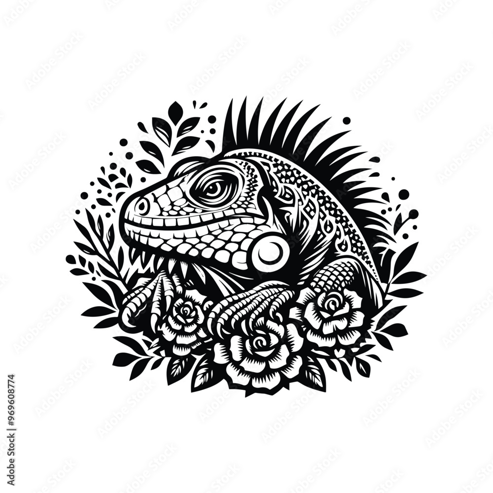 Iguana in folk art black and white silhouette illustration - Iguana in folk art black and white silhouette illustration -
