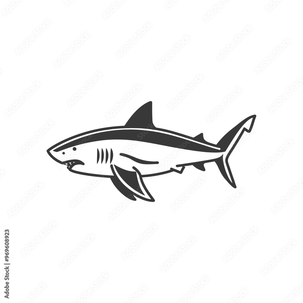 A simple black and white illustration of a shark A simple black and white illustration of a shark