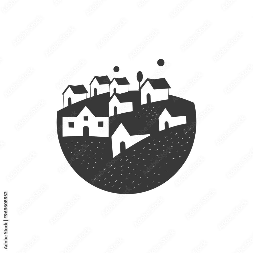 A Simple Black and White Illustration of a Small Village on a Hill A Simple Black and White Illustration of a Small Village on a Hill