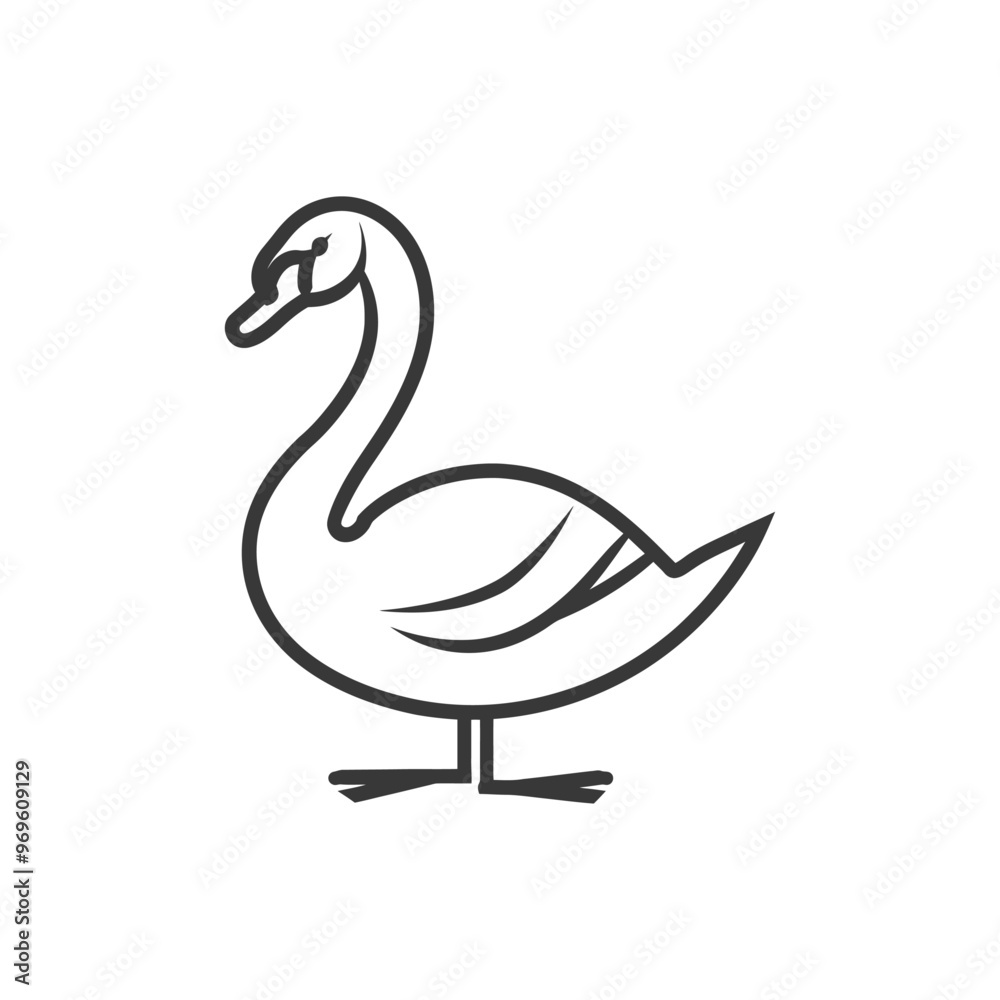 A simple black and white line drawing of a swan