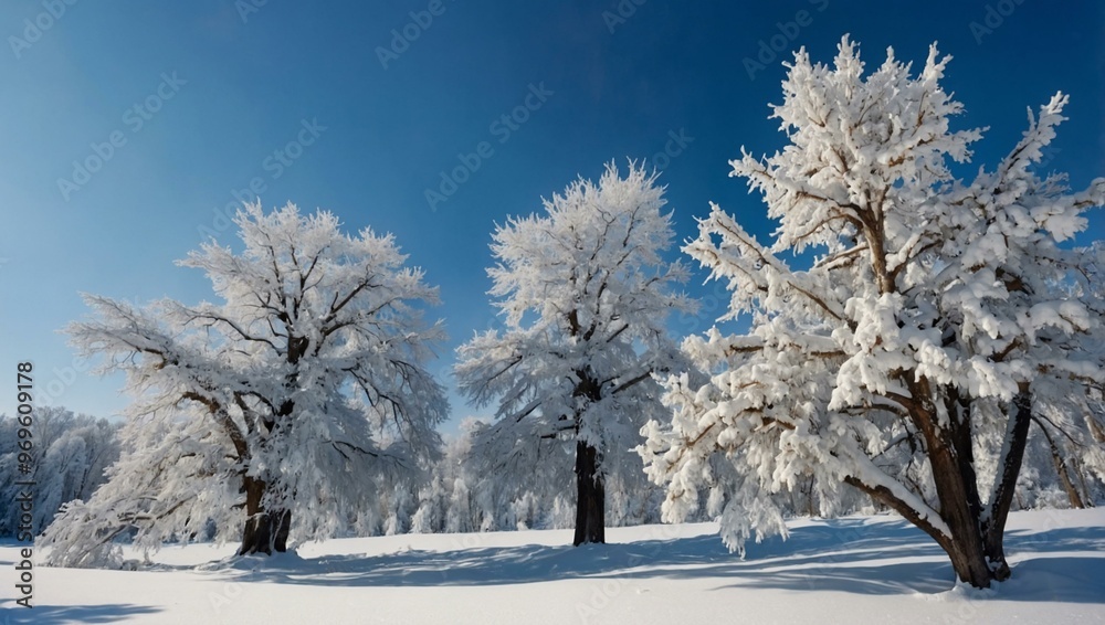 Snow-covered trees under a blue sky, watercolor winter scene. Snow-covered trees under a blue sky, watercolor winter scene.