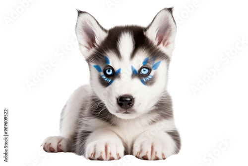 A sweet Siberian Husky puppy with striking blue eyes and a distinctive mask. Isolated on white background