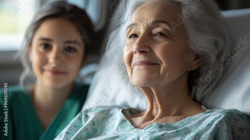 An elderly woman resting in a hospital bed with a smiling caregiver in the background, representing care, compassion, and the importance of elderly healthcare support.