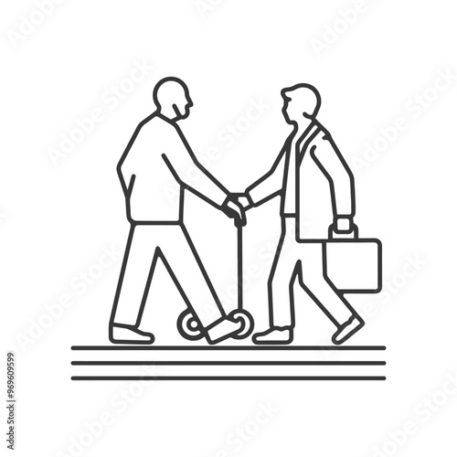 Two Men Walking One Pushing a Scooter