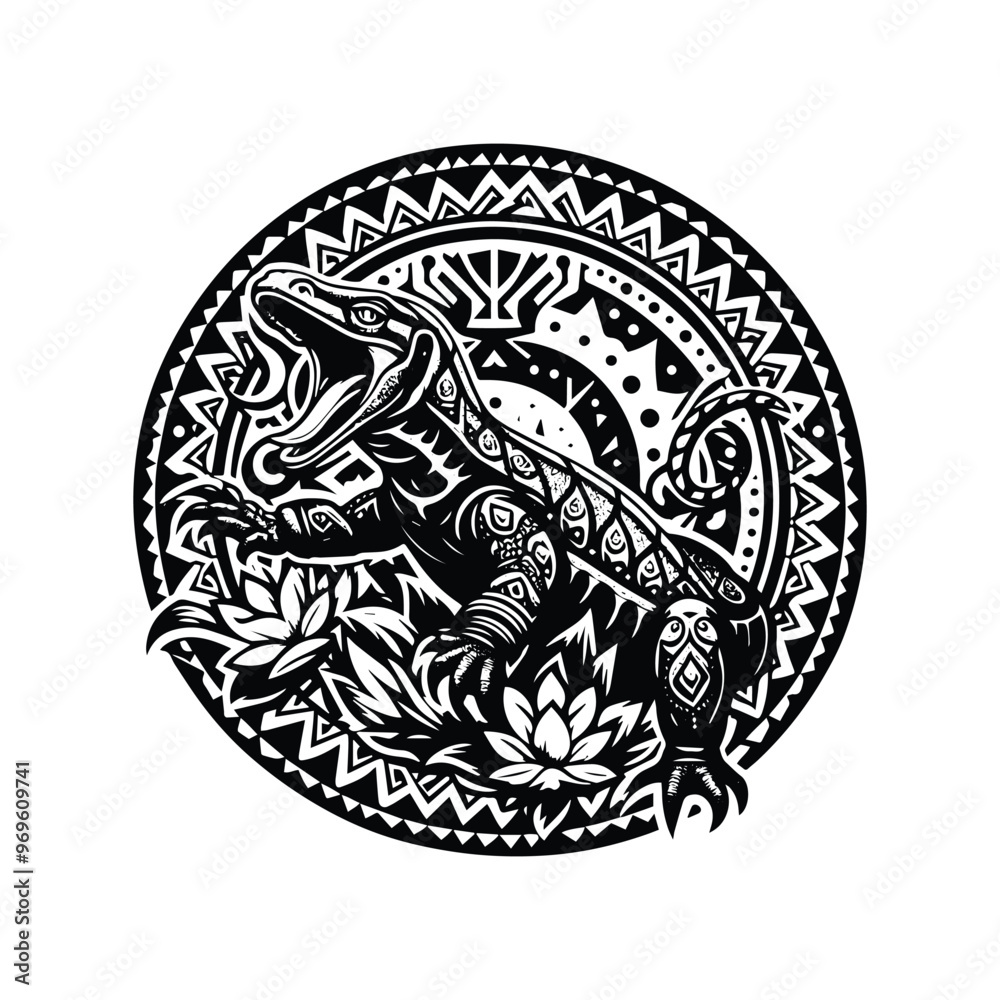Komodo in bohemian black and white silhouette illustration - Komodo in bohemian black and white silhouette illustration -