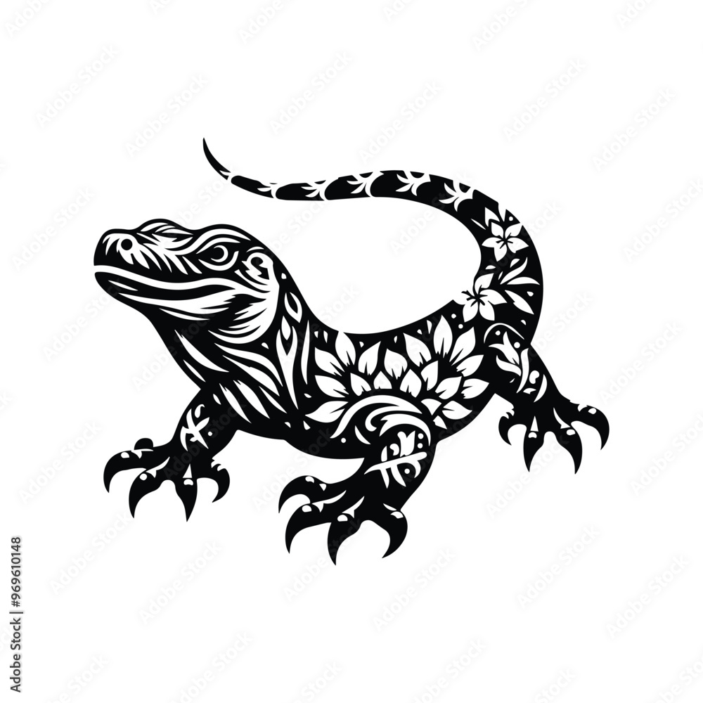 Komodo in folk art black and white silhouette illustration - Komodo in folk art black and white silhouette illustration -
