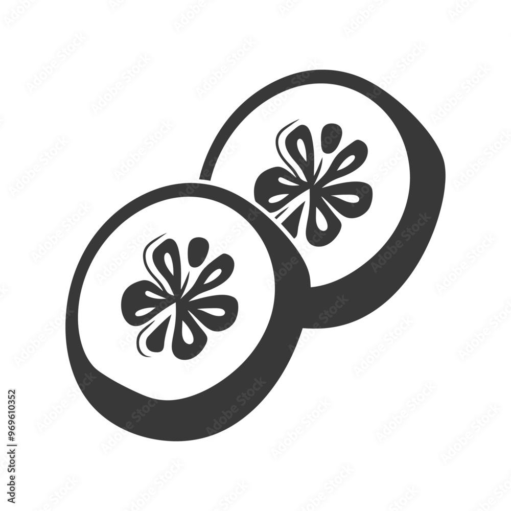 Two Sliced Kiwi Fruit with Seeds Depicted in Black and White Two Sliced Kiwi Fruit with Seeds Depicted in Black and White