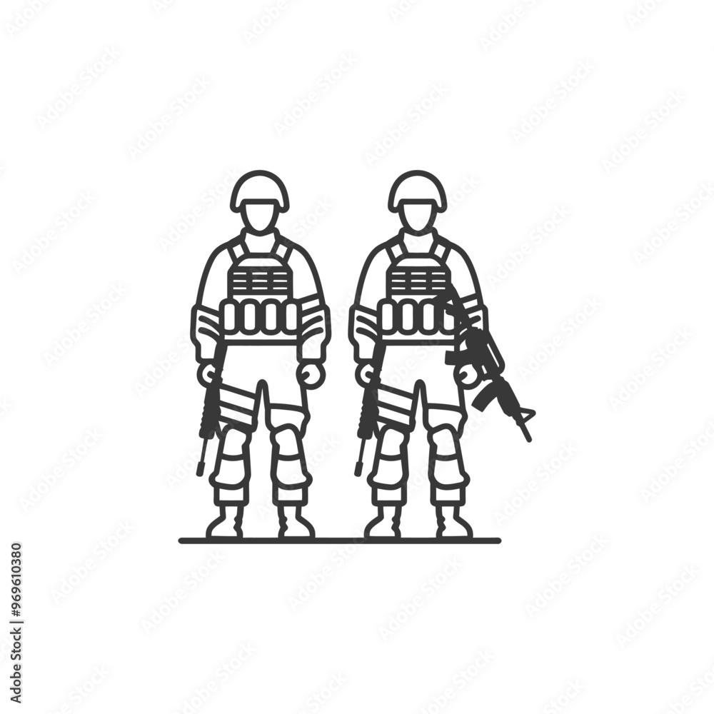 Two Soldiers Standing with Rifles and Tactical Gear Two Soldiers Standing with Rifles and Tactical Gear