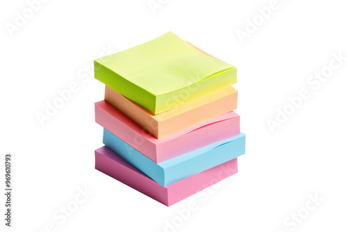 A stack of colorful sticky notes arranged in a scattered pile isolated on white background
