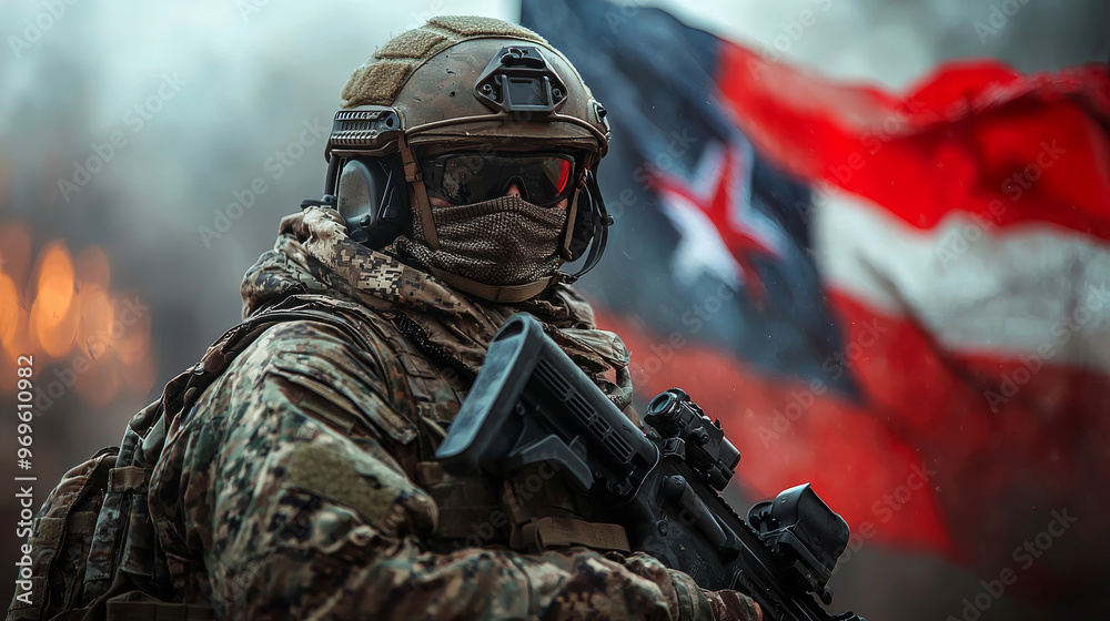 A soldier in camouflage gear and a helmet stands with a rifle in front of a blurry flag.
