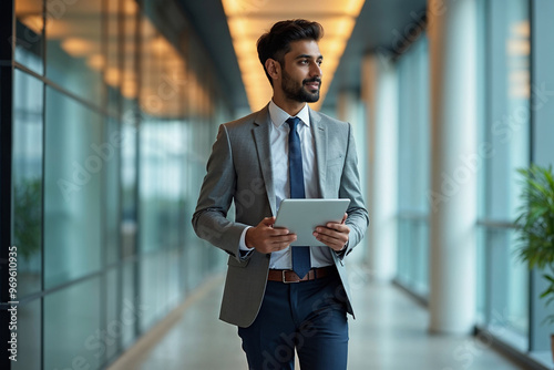 Confident Indian business man leader looking aside walking in office. Busy professional businessman going in hallway holding digital tablet thinking of work plan using tab computer. Authentic photo