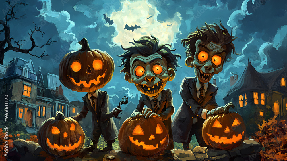 Spooky Halloween Scene with Glowing Jack-o'-Lantern Faces on Zombies. Eerie Full Moon Night with Bats and Haunted Atmosphere. Spooky Halloween Scene with Glowing Jack-o'-Lantern Faces on Zombies. Eerie Full Moon Night with Bats and Haunted Atmosphere.
