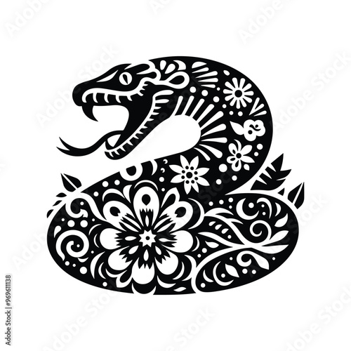 Python in folk art black and white silhouette illustration -