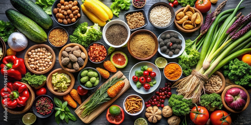 Fototapeta premium Close up of a variety of clean and healthy food options displayed on a shiny black table background
