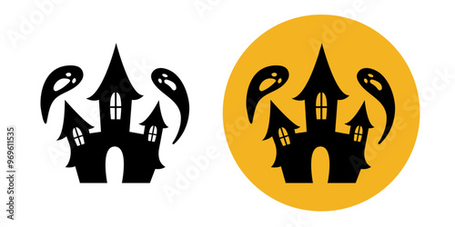 Haunted house. Silhouette of an abandoned castle and ghosts flying around it. Illustration for halloween.