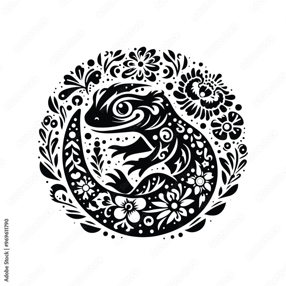 salamander in folk art black and white silhouette illustration - salamander in folk art black and white silhouette illustration -