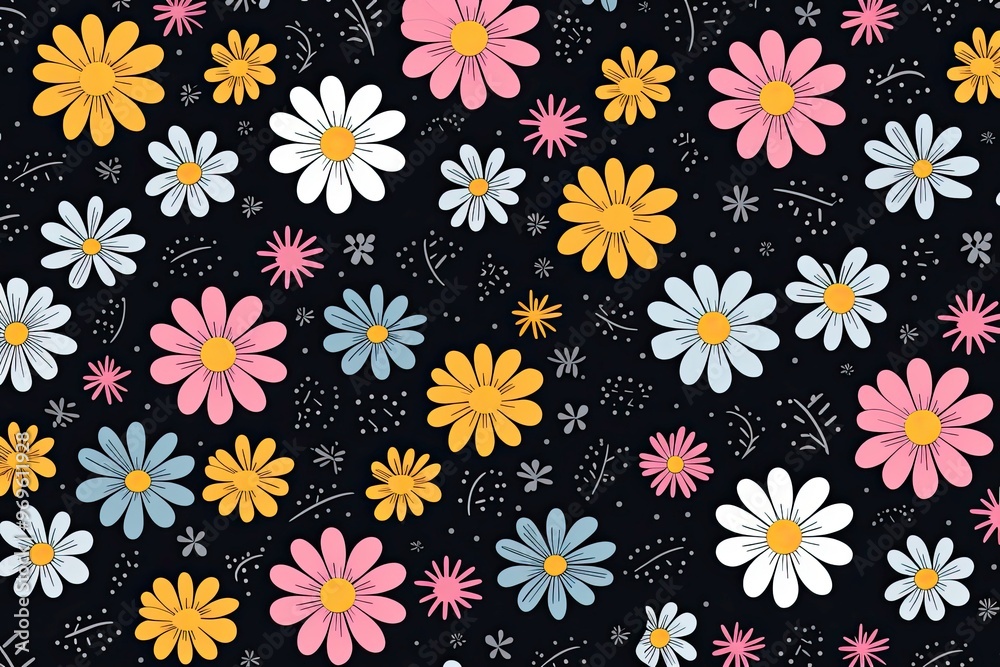 Cute seamless pattern with colorful crayon daisy flowers. Cute seamless pattern with colorful crayon daisy flowers.
