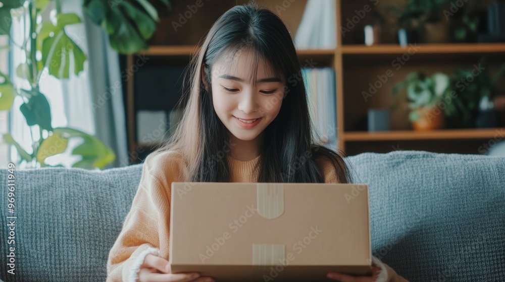 Young Woman Opening a Package. Young Woman Opening a Package.