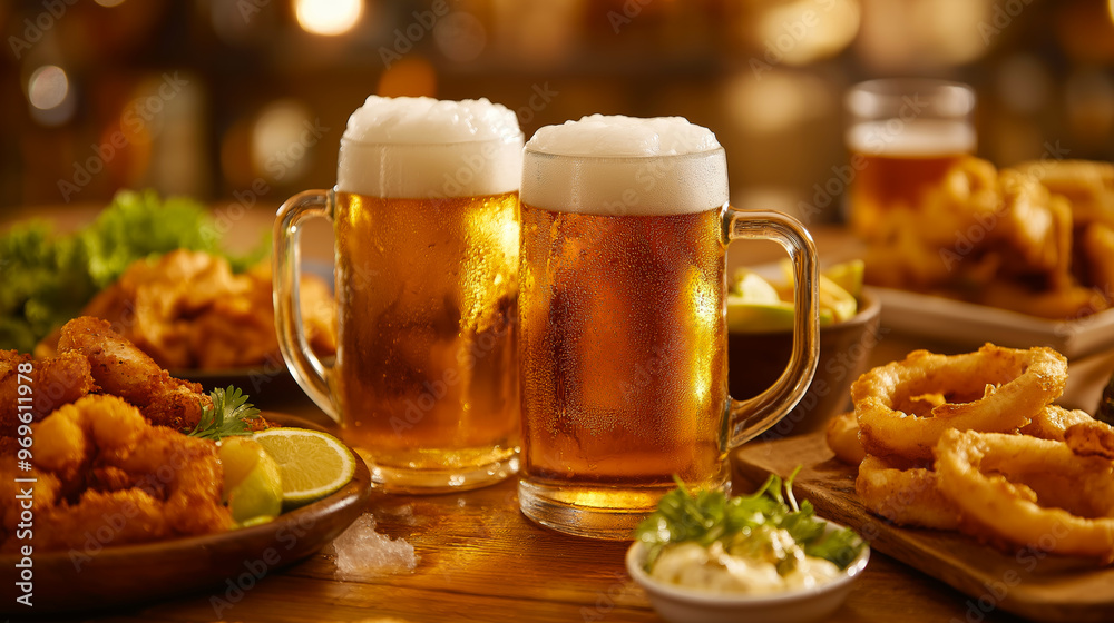 Beer mugs. Two beer mugs surrounded by appetizing pub food in a rustic restaurant