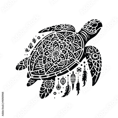 sea turtle in bohemian black and white silhouette illustration -