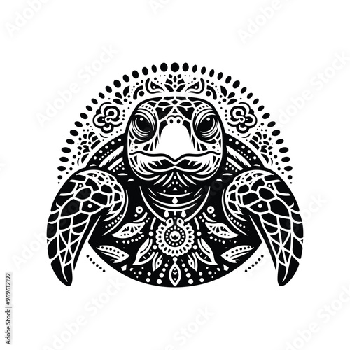 sea turtle in bohemian black and white silhouette illustration -