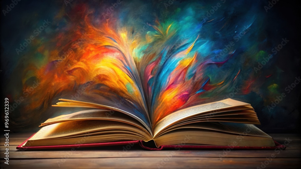 An open book with colorful abstract pages in a dark void painted in an oil painting style, open book, colorful An open book with colorful abstract pages in a dark void painted in an oil painting style, open book, colorful