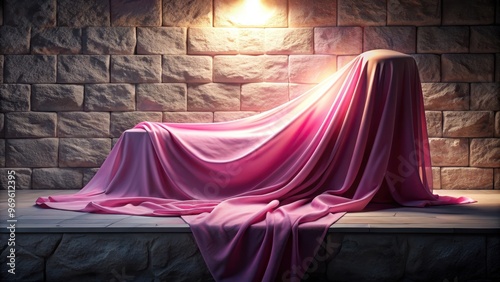 Pink fabric draped over stone structure with glowing light in background, pink, fabric, stone, structure, glowing, light photo