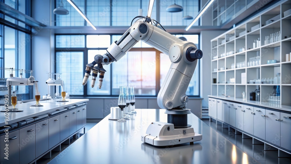 Futuristic robotic arm technology in a science lab, robotics, technology, science, evolution Futuristic robotic arm technology in a science lab, robotics, technology, science, evolution