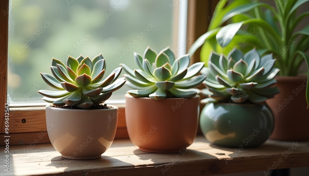 Three vibrant succulent plants in various pots basking in sunlight on a wooden windowsill, enhancing a calming indoor aesthetic. Three vibrant succulent plants in various pots basking in sunlight on a wooden windowsill, enhancing a calming indoor aesthetic.