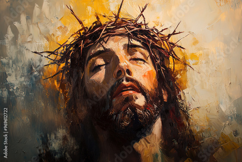 Oil painting of Jesus Christ with a crown of thorns on his head